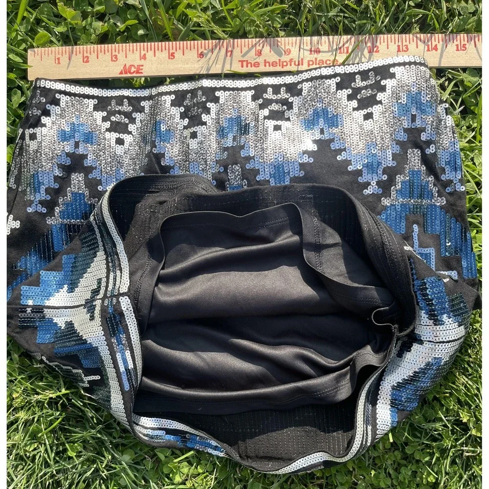 Express Sequin Mini Skirt XS Black Blue Geometric Aztec‎ Bodycon Lined Festival